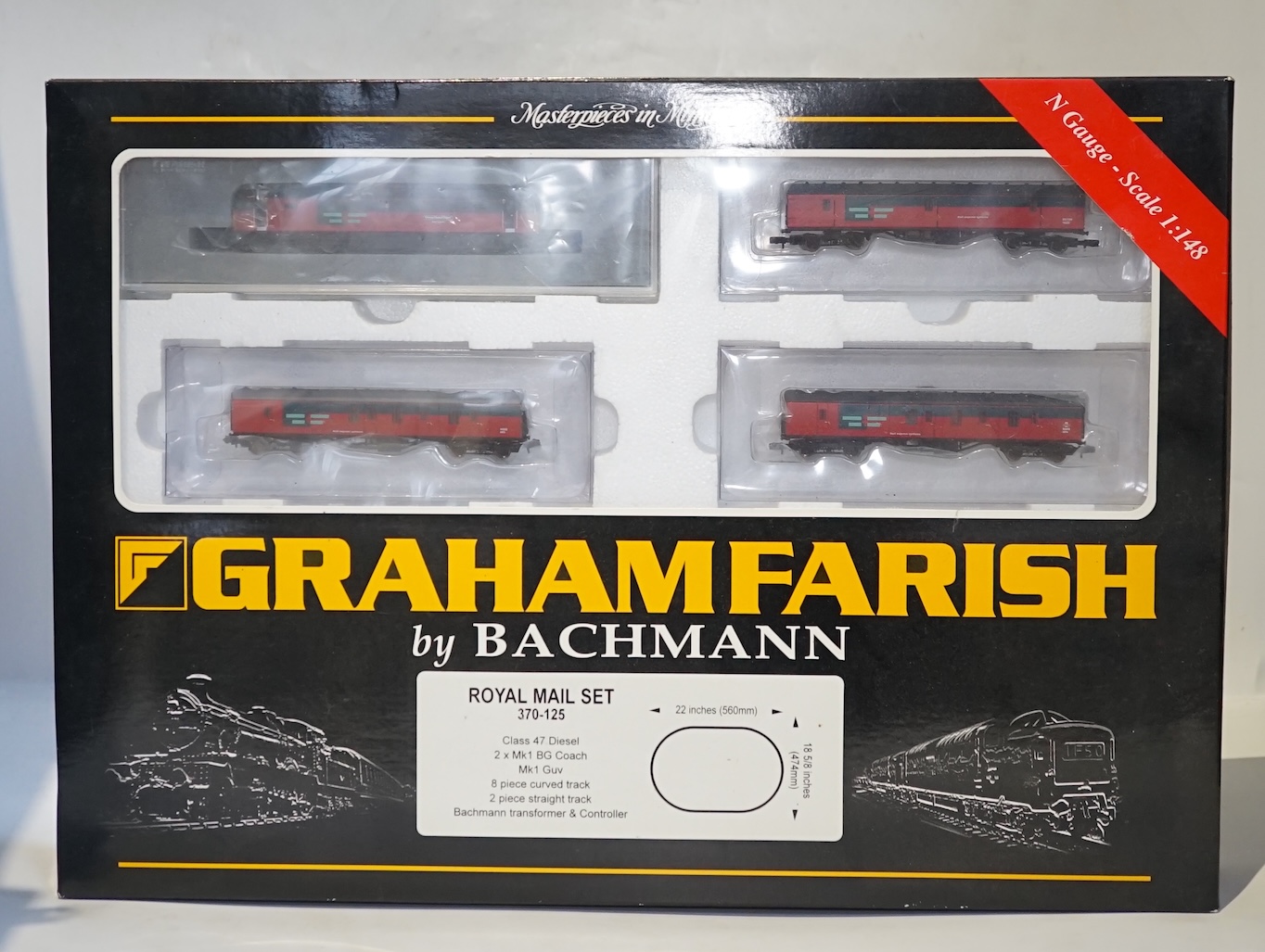 Four boxed Graham Farish N gauge railway train sets; a Royal Mail set, comprising a Class 47 diesel locomotive and three coaches (370-125), together with a Queen Elizabeth Golden Jubilee set comprising a Coronation Class